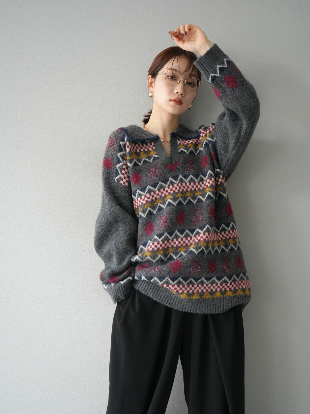 [予約]ノルディック柄ポロニットプルオーバー/チャコール