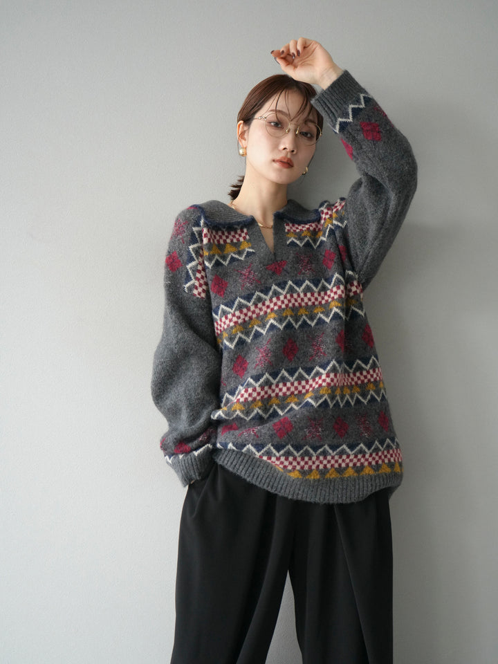 [予約]ノルディック柄ポロニットプルオーバー/チャコール