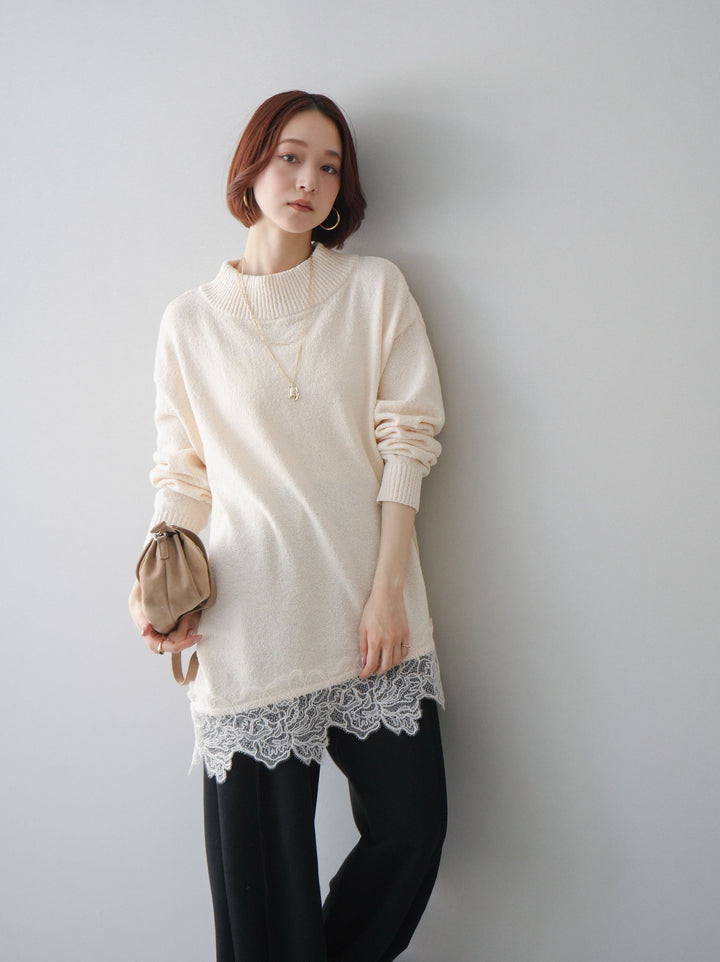 [SET]アシンメトリーレースヘムニットプルオーバー+2WAYデザインスウェットパンツ(2set)