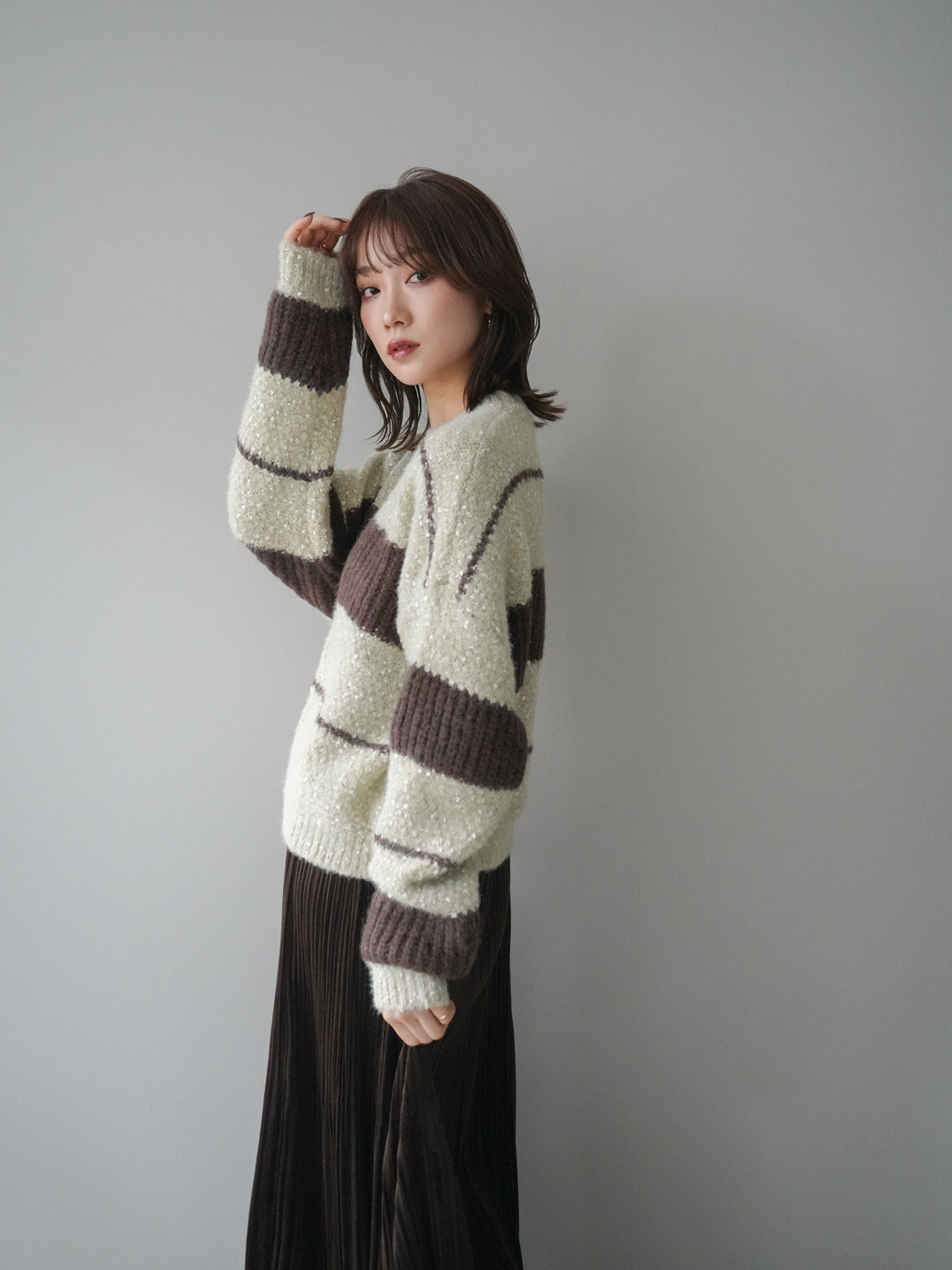 [SET]ネップヤーンボーダーニットプルオーバー+パンチングデザインスエードプリーツスカート(2set)