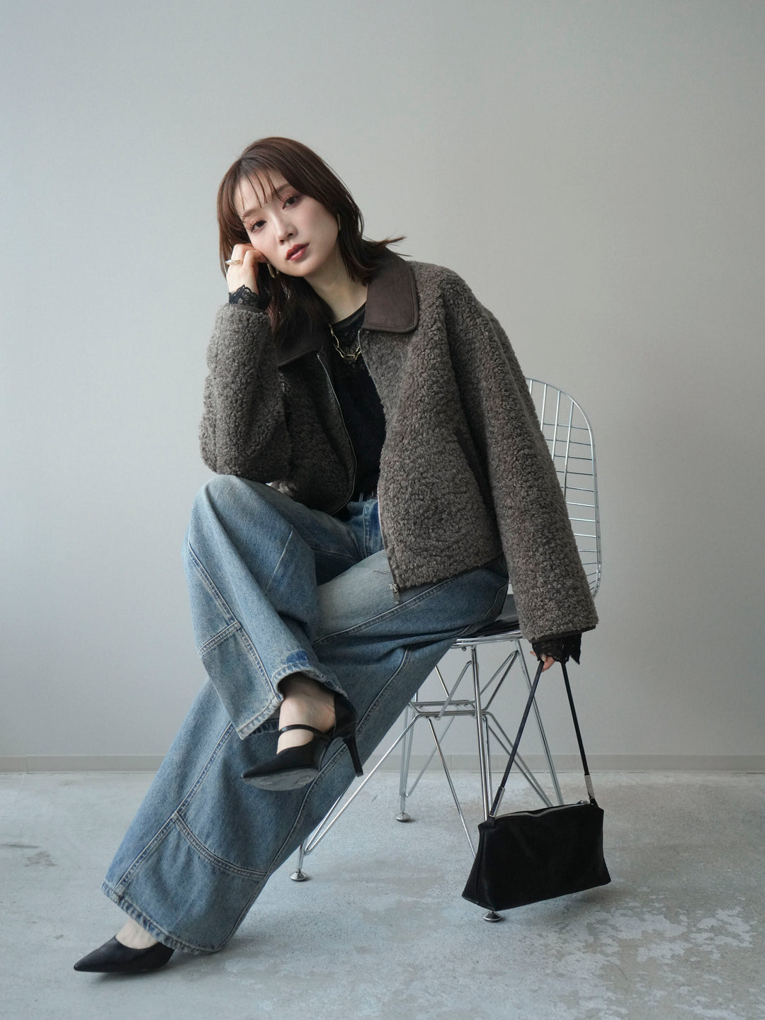 [予約]スエード襟ボアショートジャケット/brown