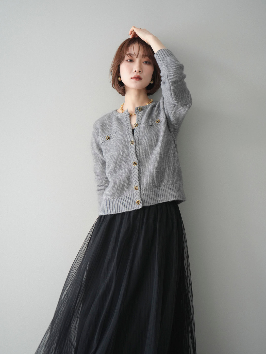 [SET]編みこみアンティークボタンニットカーディガン+チュールストライプボリュームスカート(2set)
