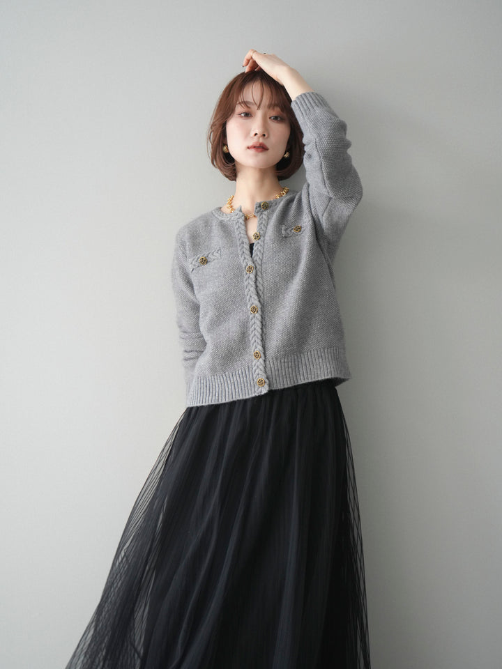 [SET]編みこみアンティークボタンニットカーディガン+チュールストライプボリュームスカート(2set)