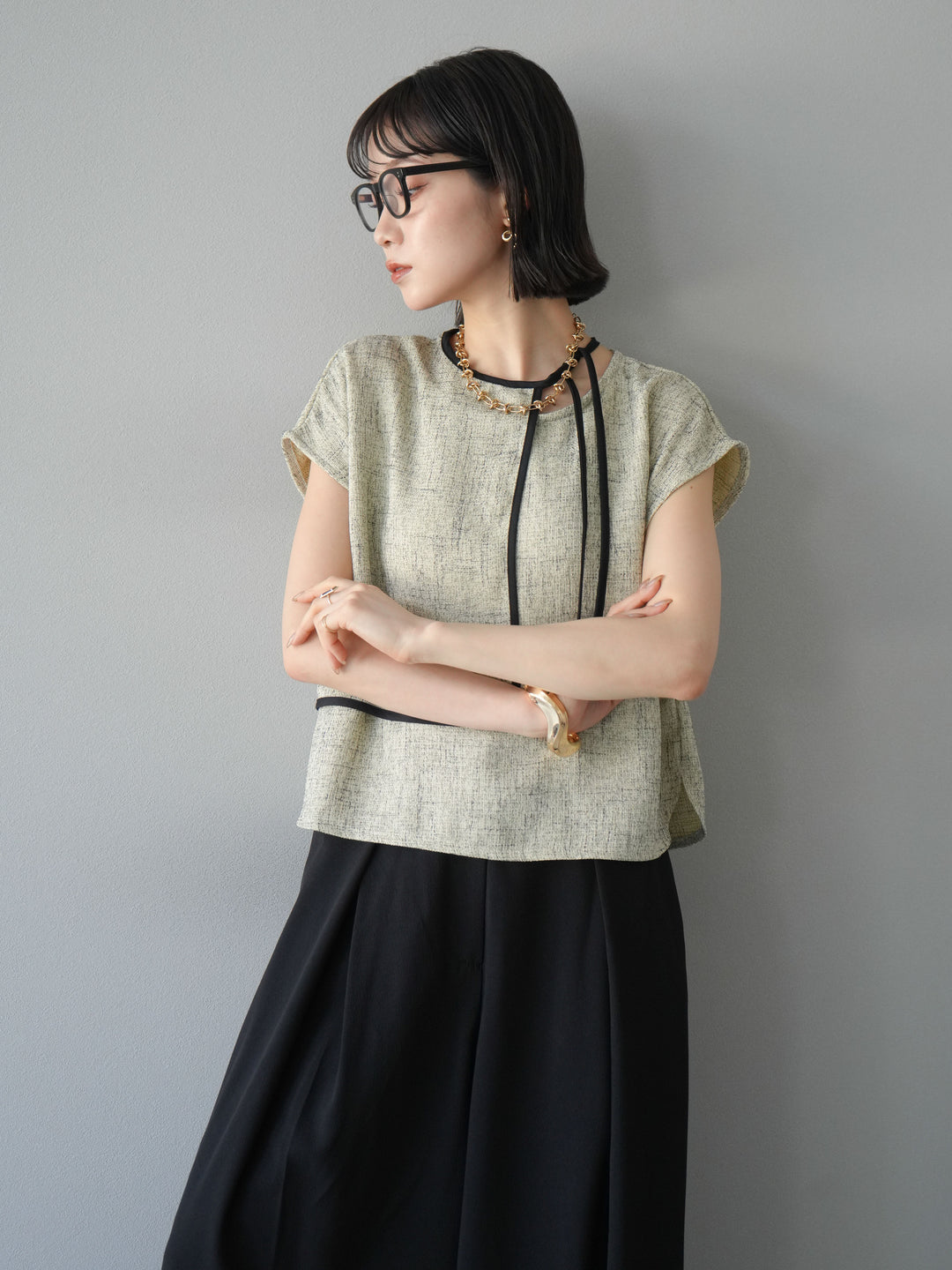 [SET]サマーツイードケープデザインプルオーバー+クレープシフォンタックワイドパンツ(2set)