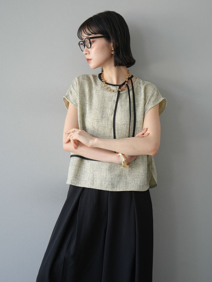 [SET]サマーツイードケープデザインプルオーバー+クレープシフォンタックワイドパンツ(2set)