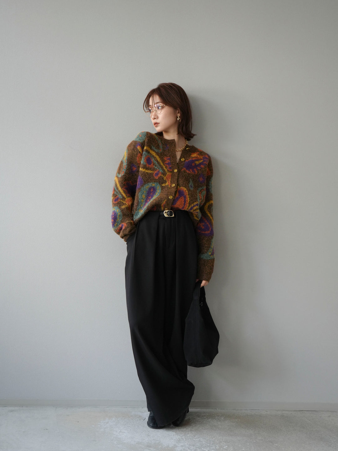 [予約]ミックスヤーンペイズリー柄ニットカーディガン/ブラウン