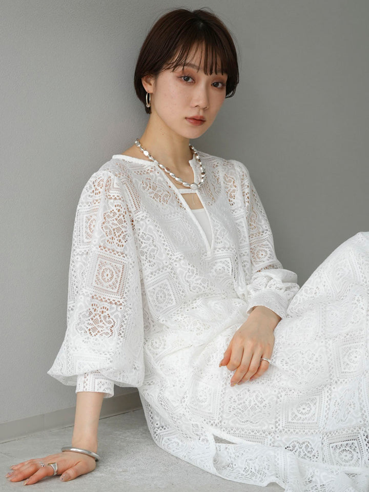 [Pre-order] Block Lace Volume Sleeve Dress/White