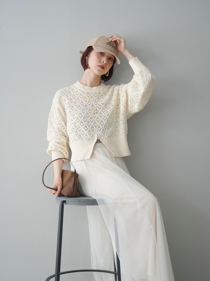 [予約]透かし編みフロントジップスリットニットプルオーバー/ivory