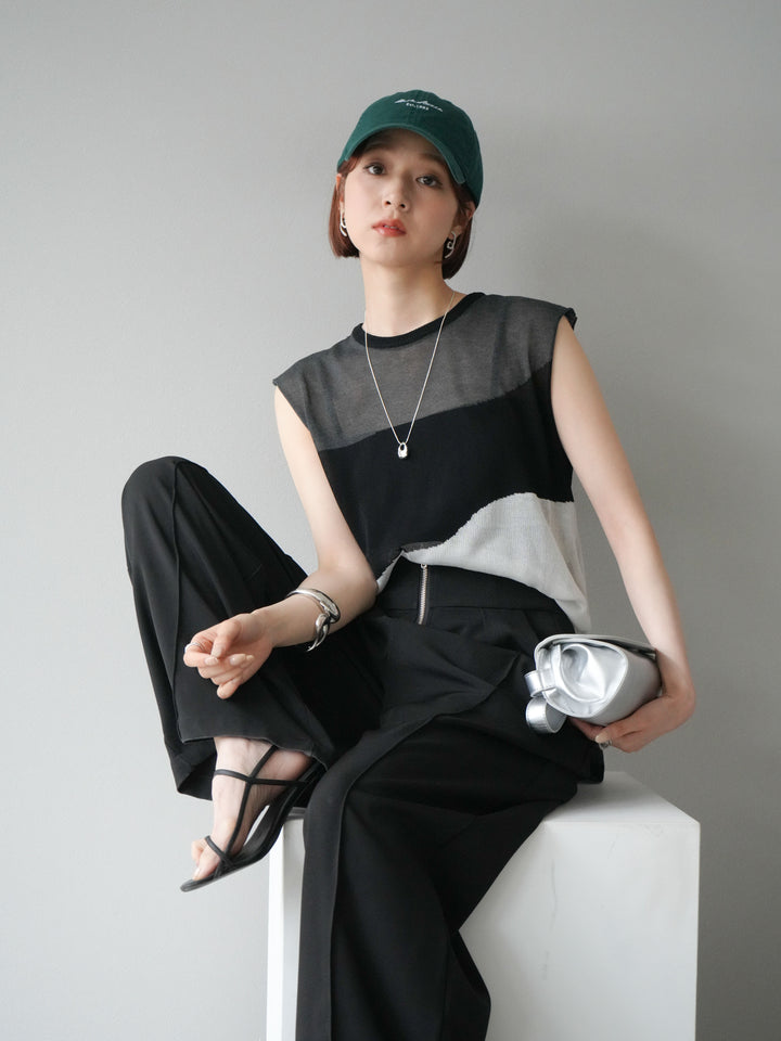 [SET]バイカラーシアーニットノースリーブ+ジップタックワイドパンツ(2set)