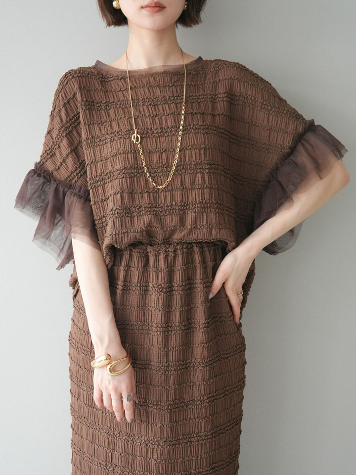 [SET]チュール袖リップルトップス+リップルIラインスカート(2set)