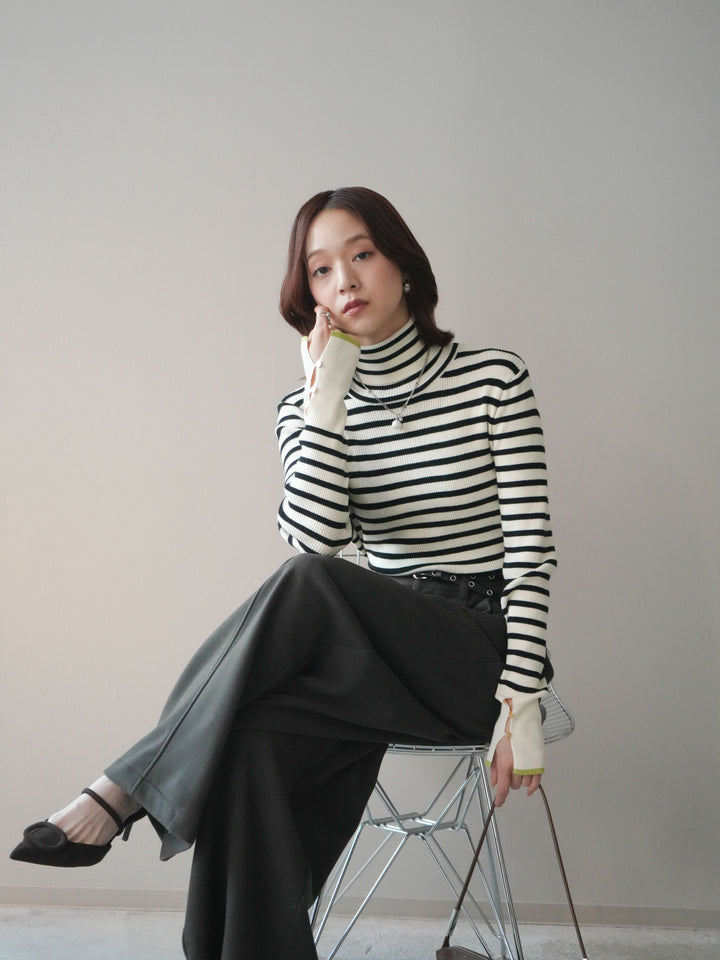 [SET]袖配色ハイネックボーダーリブニットトップス+ベルト付き裏起毛ワイドパンツ(2set)