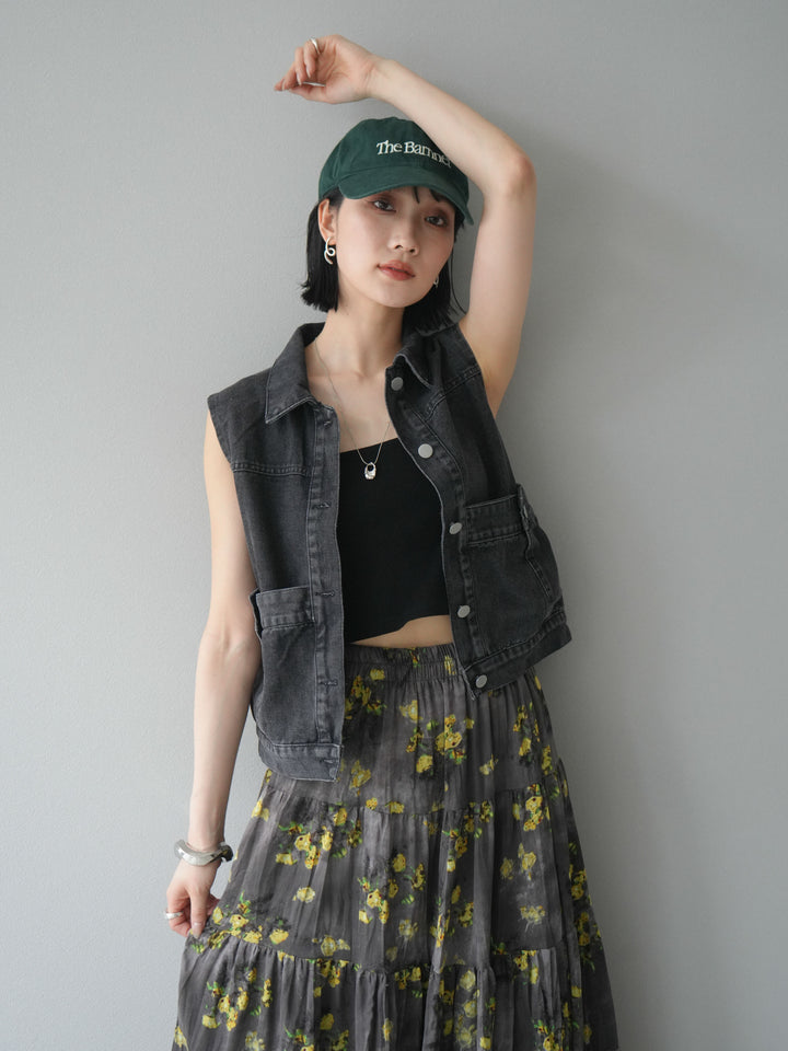 【預購】口袋設計牛仔無袖外套/黑色