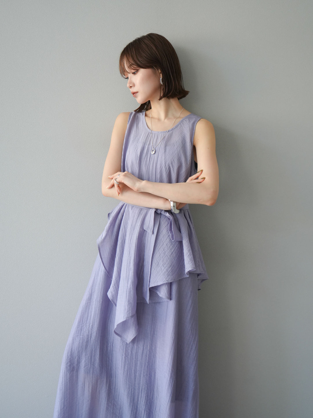 [SET]ワッシャーシアーアシメブラウス＆キャミワンピース+選べるアクセセット(2set)