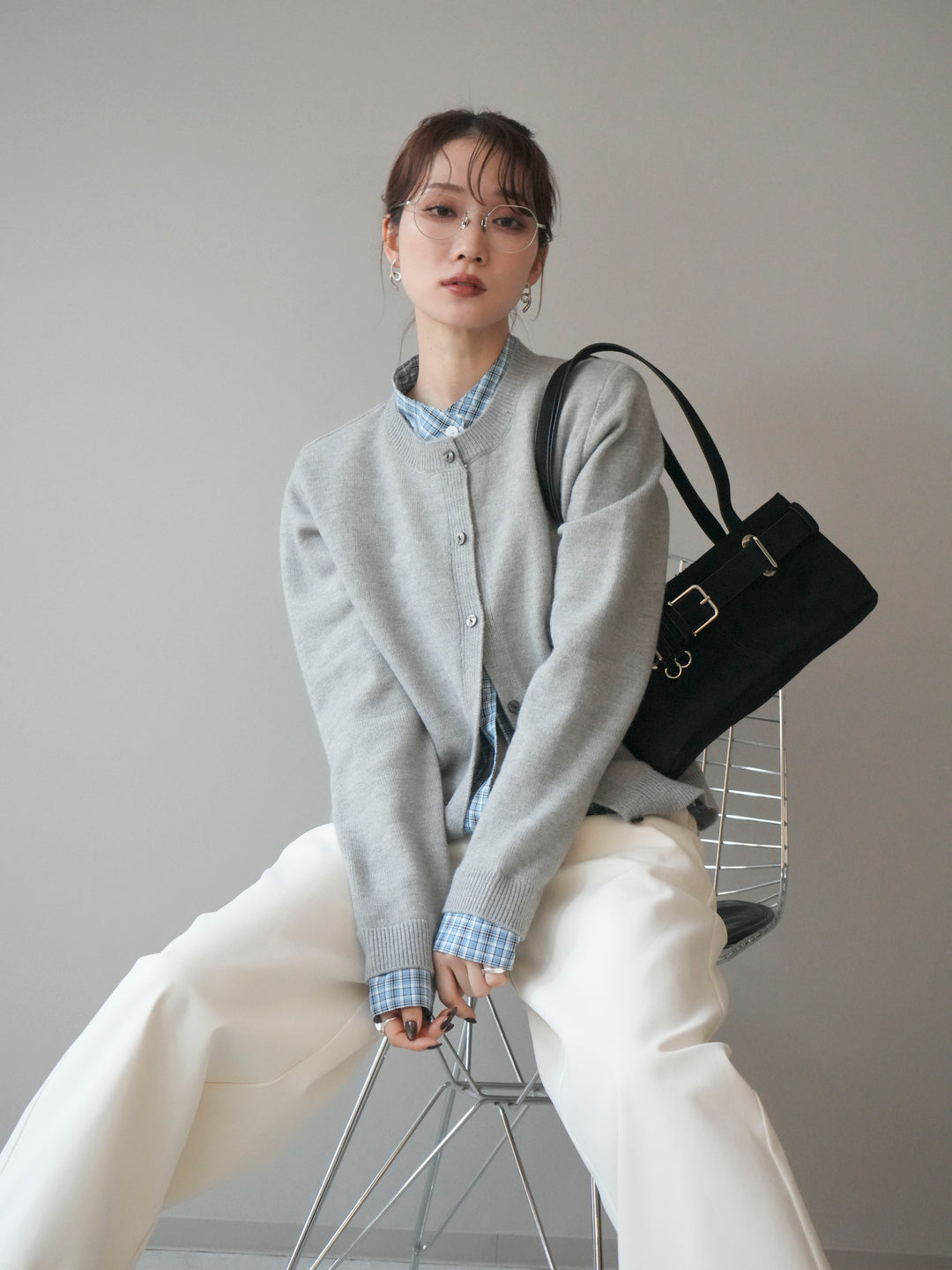 [予約]チェックシャツレイヤードデザインニットカーディガン/gray