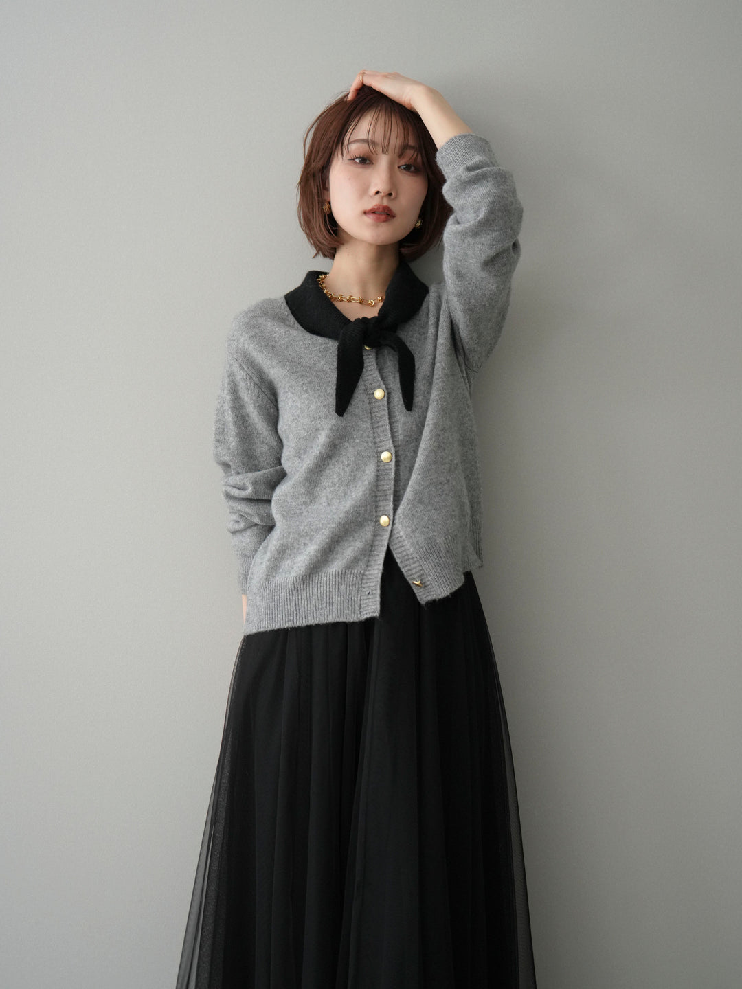 [SET]デザイン襟ニットカーディガン+チュールボリュームスカート(2set)