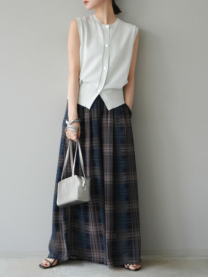 [SET] 金銀絲針織背心 + 透視格紋寬鬆褲 (2 件套)