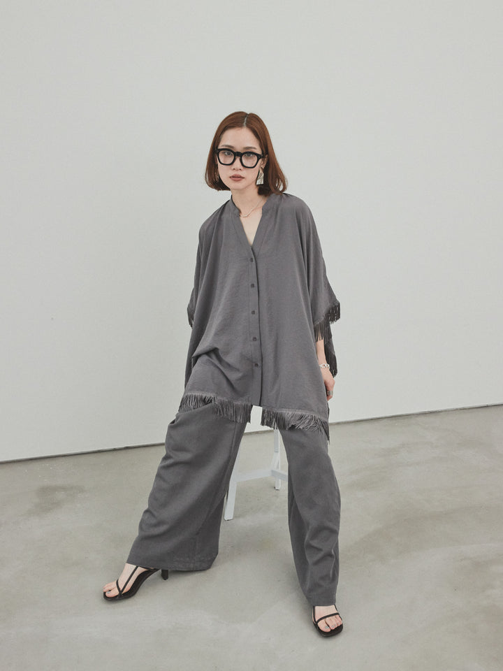 [SET] 方形流蘇斗篷襯衫 + 亞麻觸感褶皺寬褲 (2 件套)