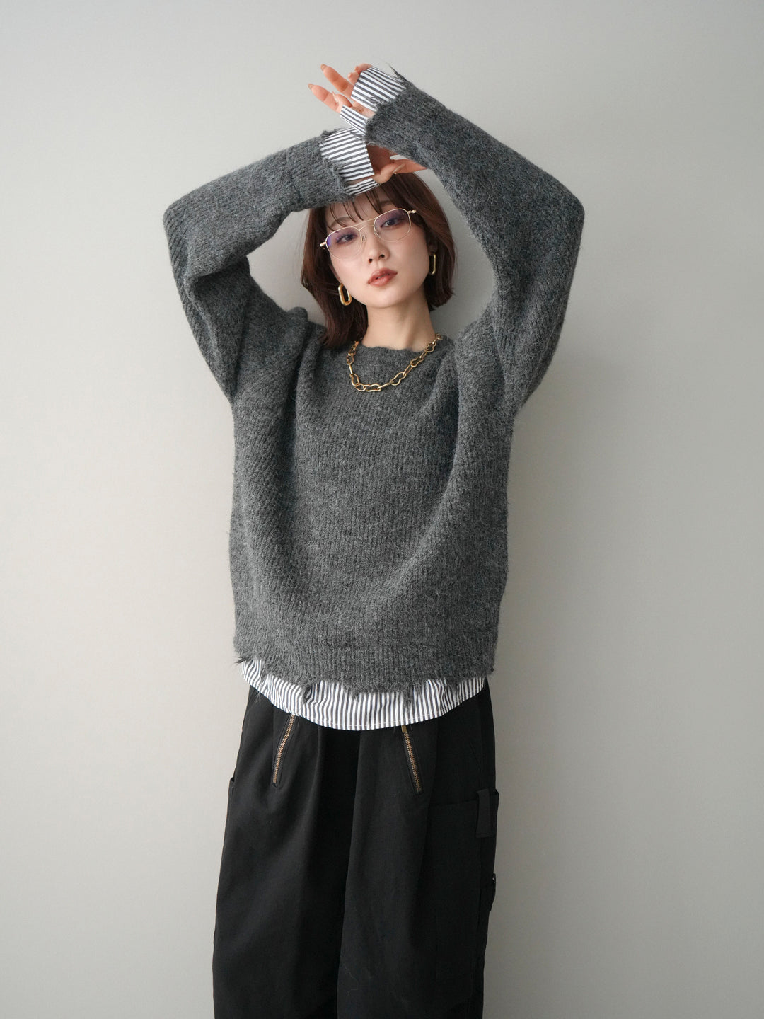 [予約]裾シャツレイヤードダメージニットプルオーバー/darkgrey