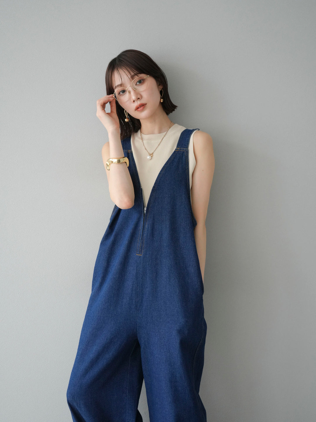 [予約]フロントZIP Vネックデニムサロペット/インディゴ