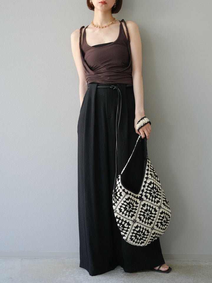 [予約]ロープデザインベルトリネンタッチワイドパンツ/ブラック