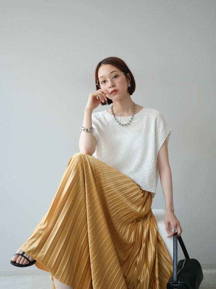 [SET]ネップヤーンクロップドニットベスト+サテンプリーツマキシスカート(2set)