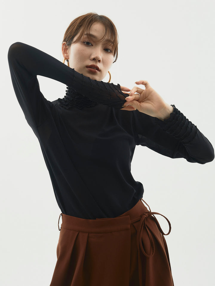 【Allure】[SET]シアーフリルメロートップス+ラップデザインタックワイドパンツ(2set)