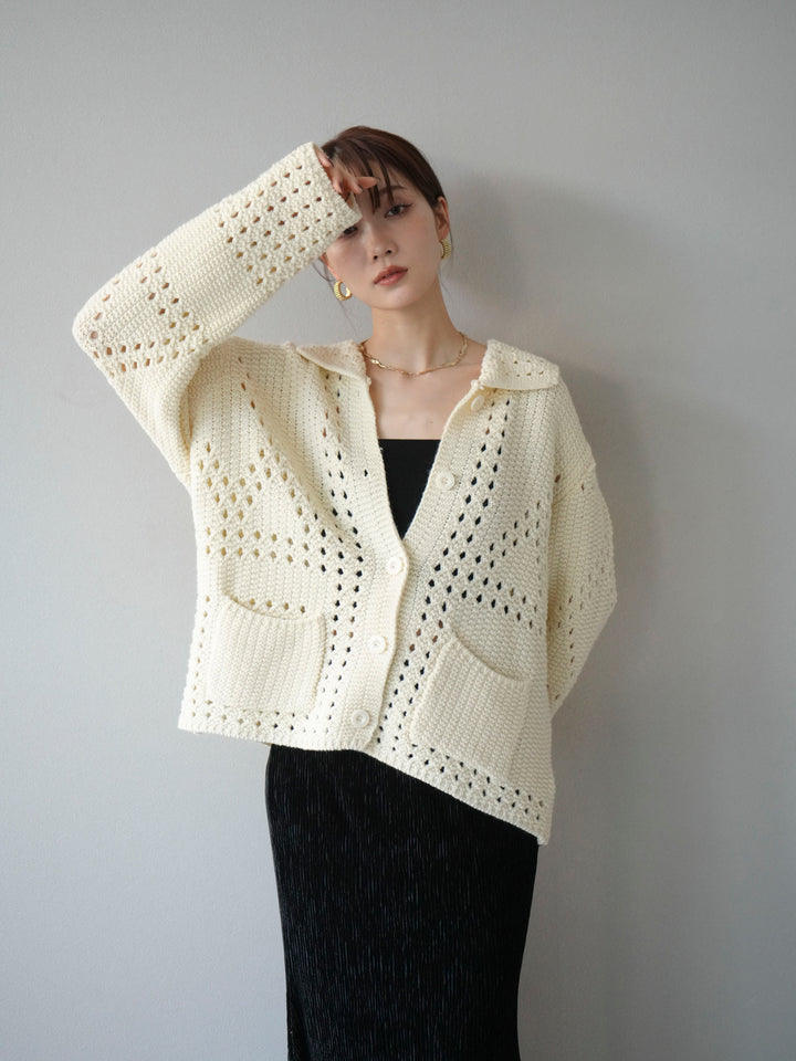 [予約]丸襟透かし編みニットカーディガン/オフ
