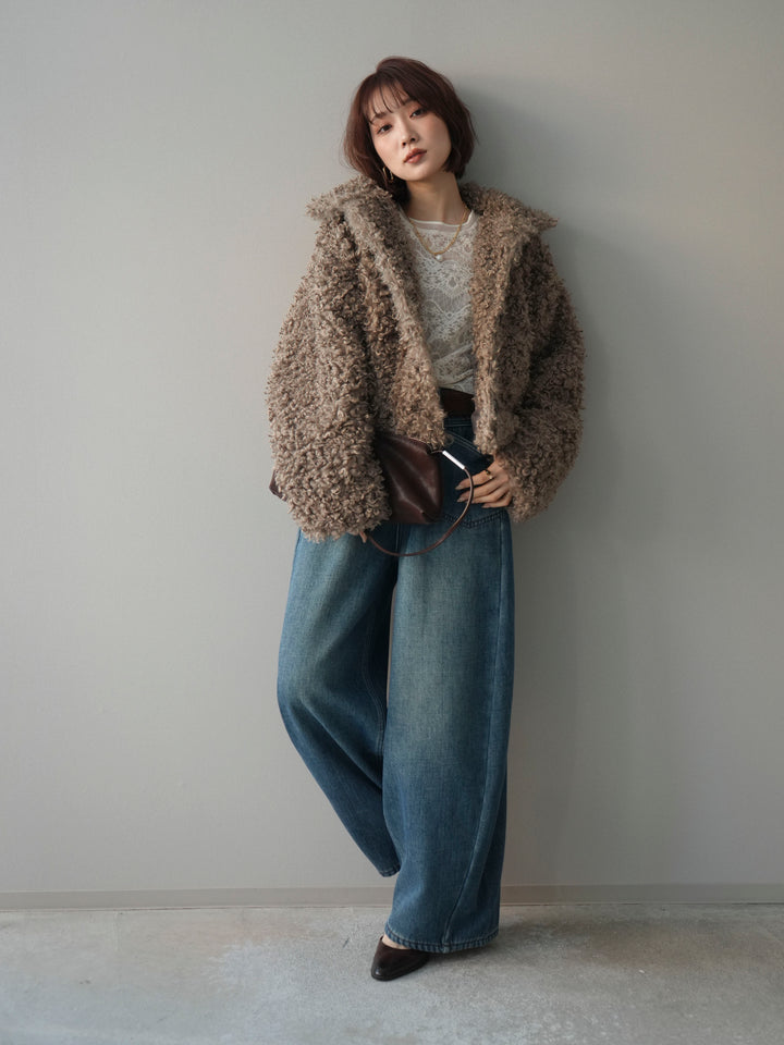 [SET]プードルファーミドルスタンドブルゾン+チュールレーストップス+ベルト付裏起毛カーブデニムパンツ(3set)