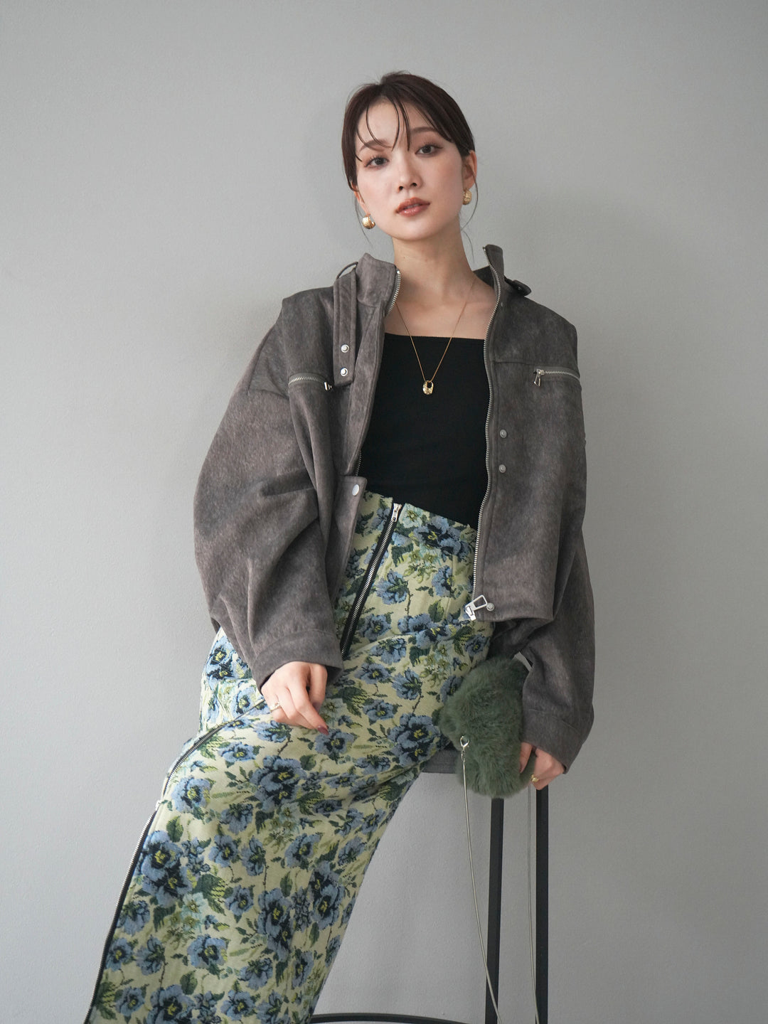 [予約]スエードジップデザインブルゾン/gray