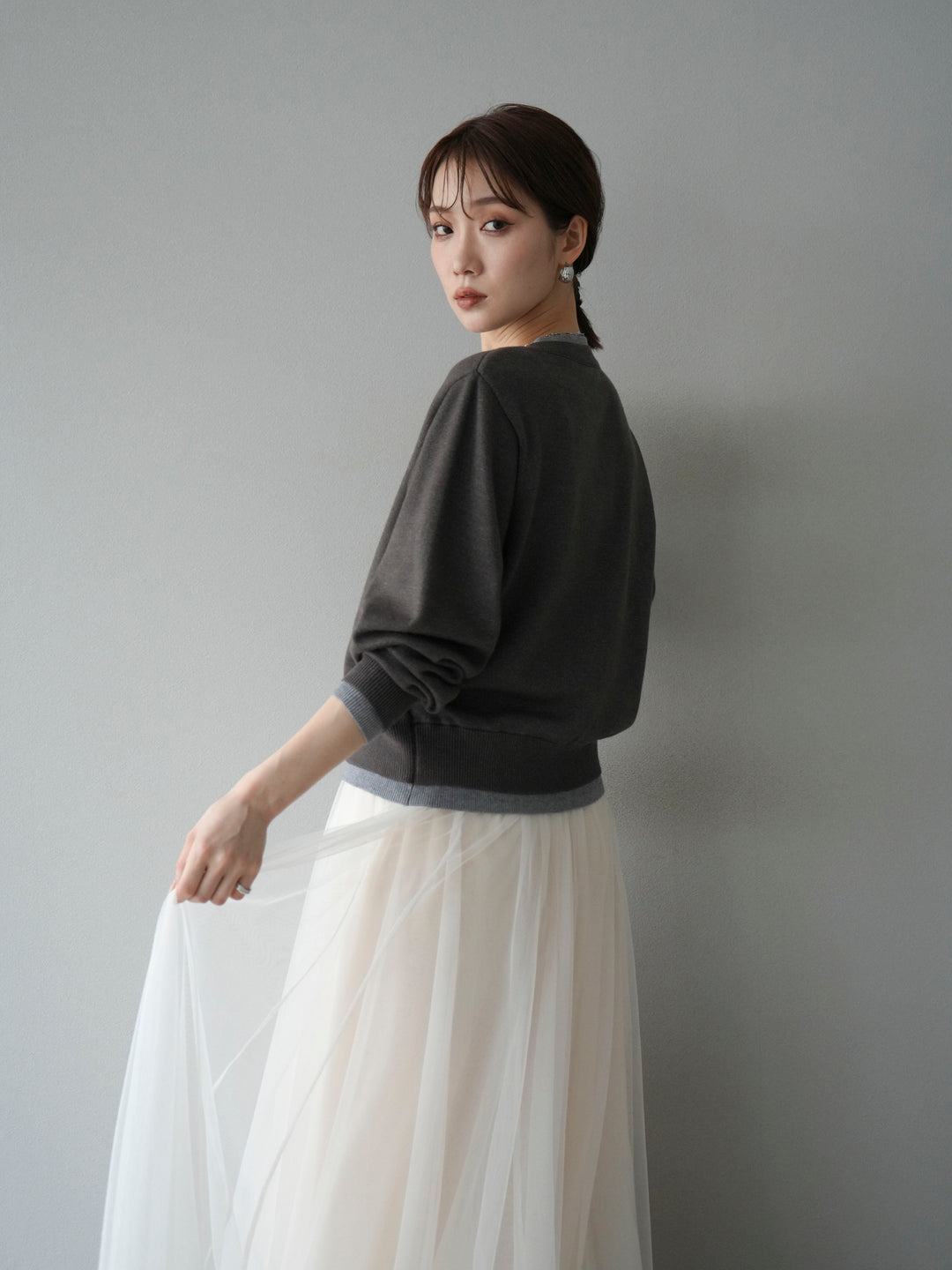 [SET]配色レイヤードカーディガン+チュールボリュームスカート(2set)