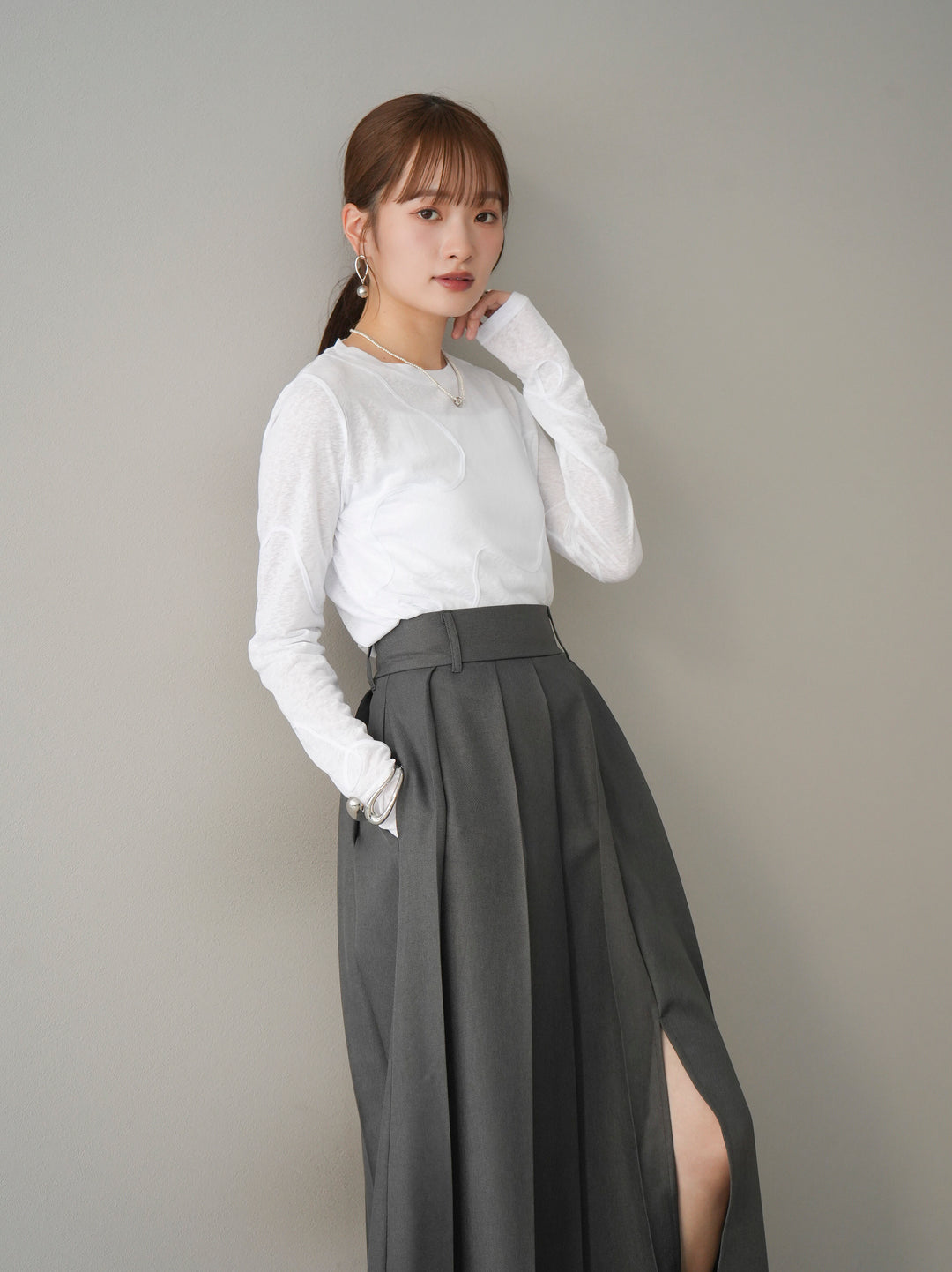 【預購】繩繡透視長袖T卹/米白色