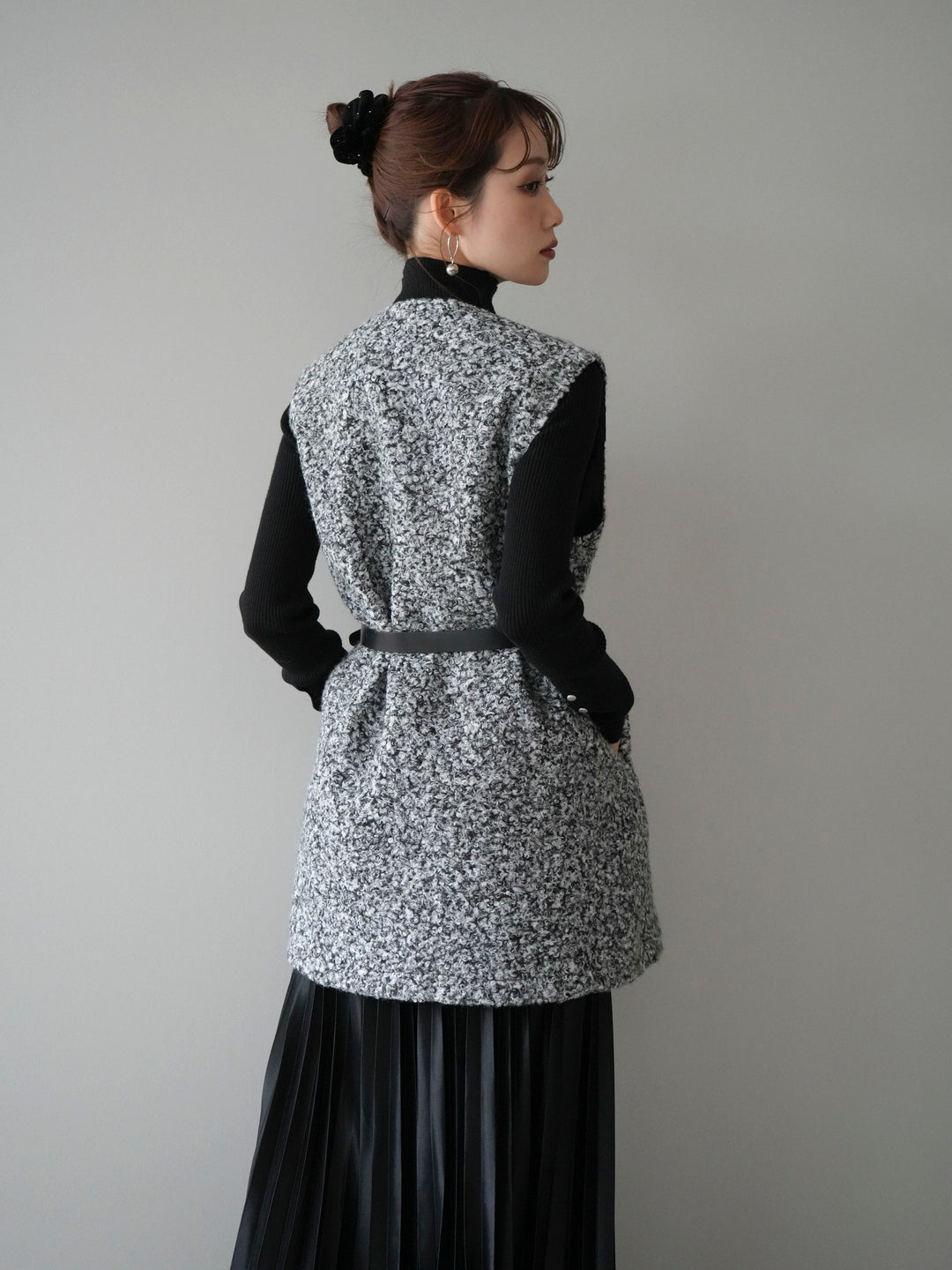 [SET]ミックスループヤーンニットミニワンピース+袖ボタンボトルネックリブニットトップス(2set)