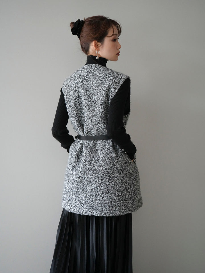 [SET]ミックスループヤーンニットミニワンピース+袖ボタンボトルネックリブニットトップス(2set)