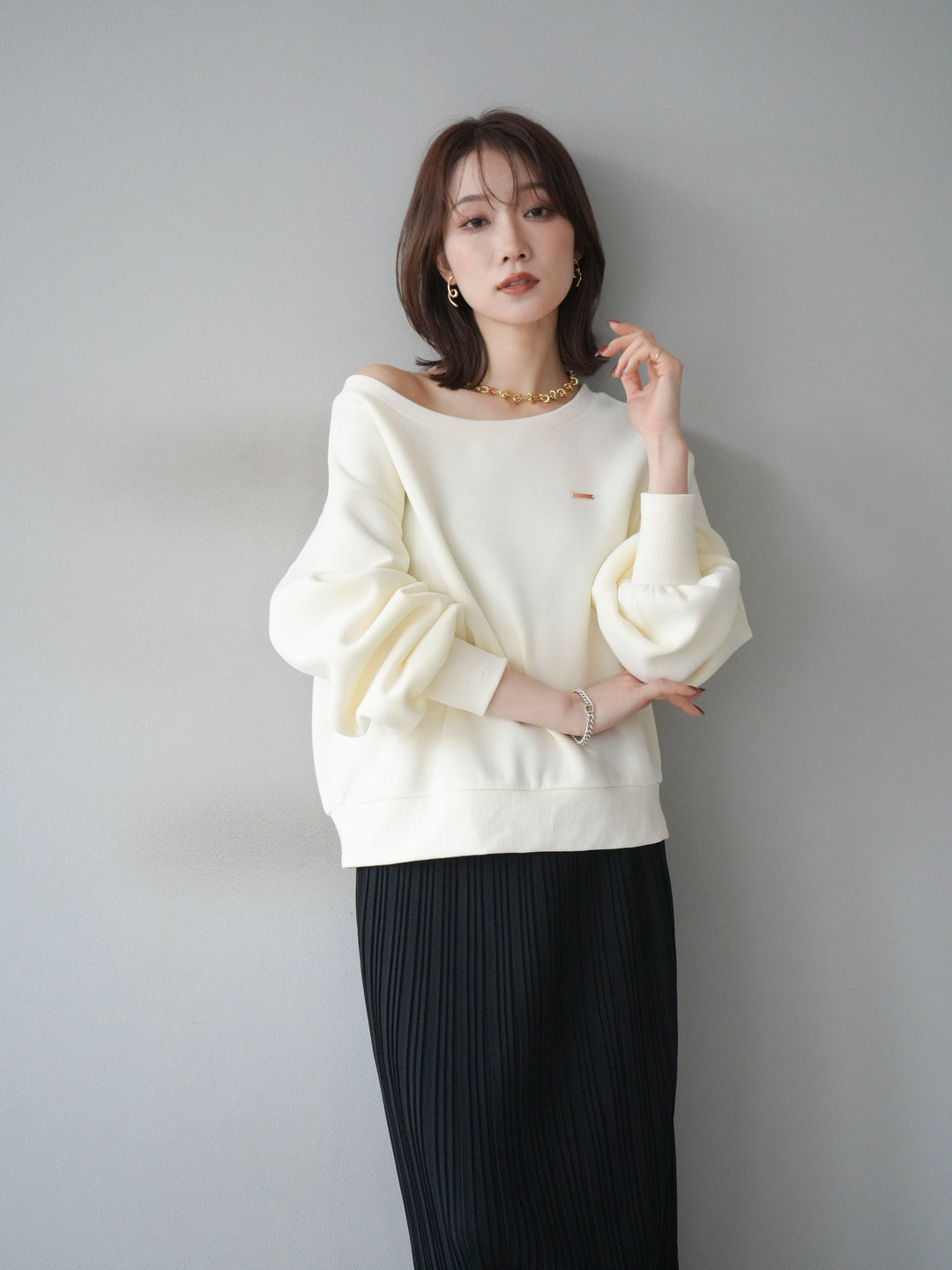 [予約]プレート付裏起毛ワンショルプルオーバー/ivory