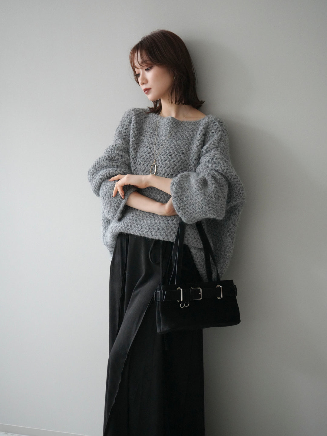 [予約]ワッフル編みオーバーニットプルオーバー/gray