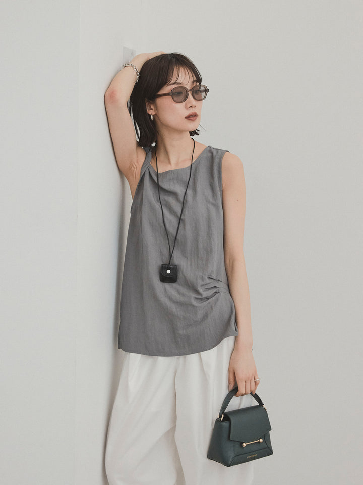 【預購】扭紋無袖上衣配皮項鍊/灰色