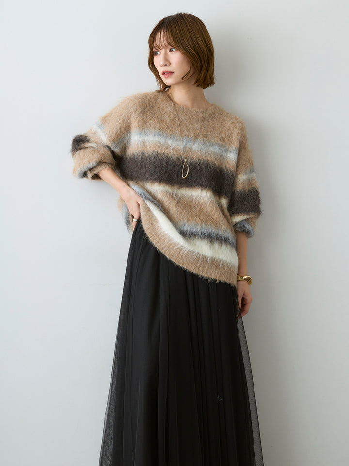 [予約]カラフルボーダーシャギーニットプルオーバー/beige
