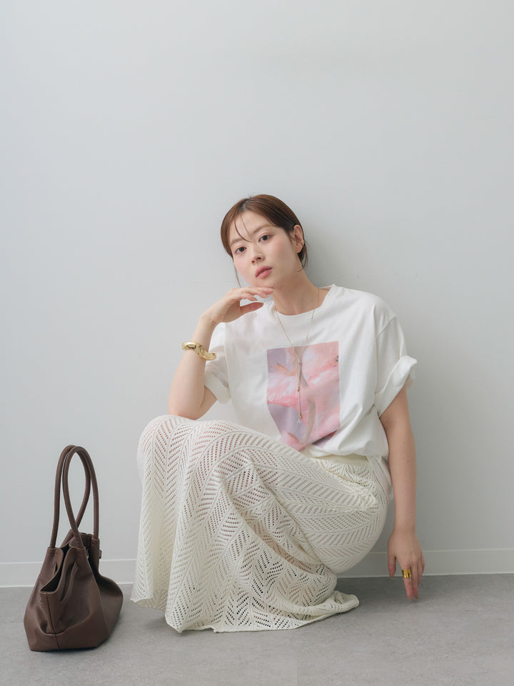 [SET]ニュアンスフローラルフォトTEE+クロシェシアーセミフレアスカート(2set)