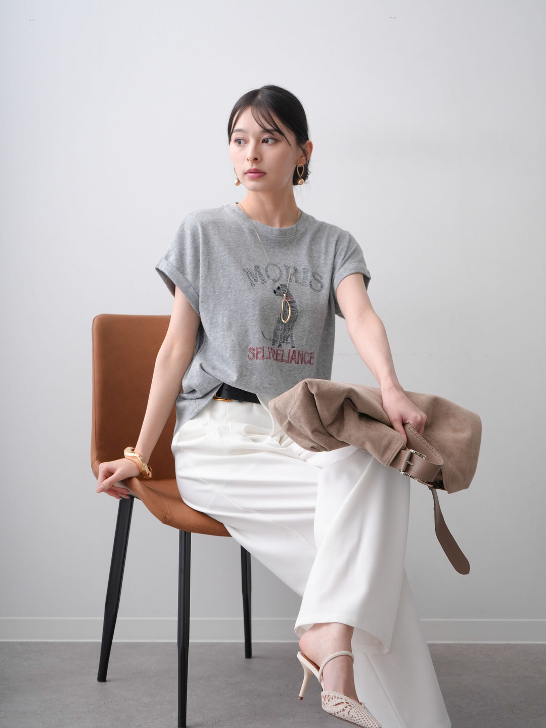 [SET]ドッグエンブロイダリーTEE+アシンメトリーベルトタックワイドパンツ(2set)