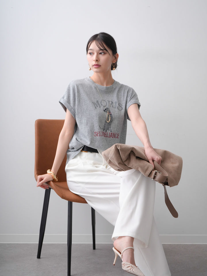 [SET]ドッグエンブロイダリーTEE+アシンメトリーベルトタックワイドパンツ(2set)