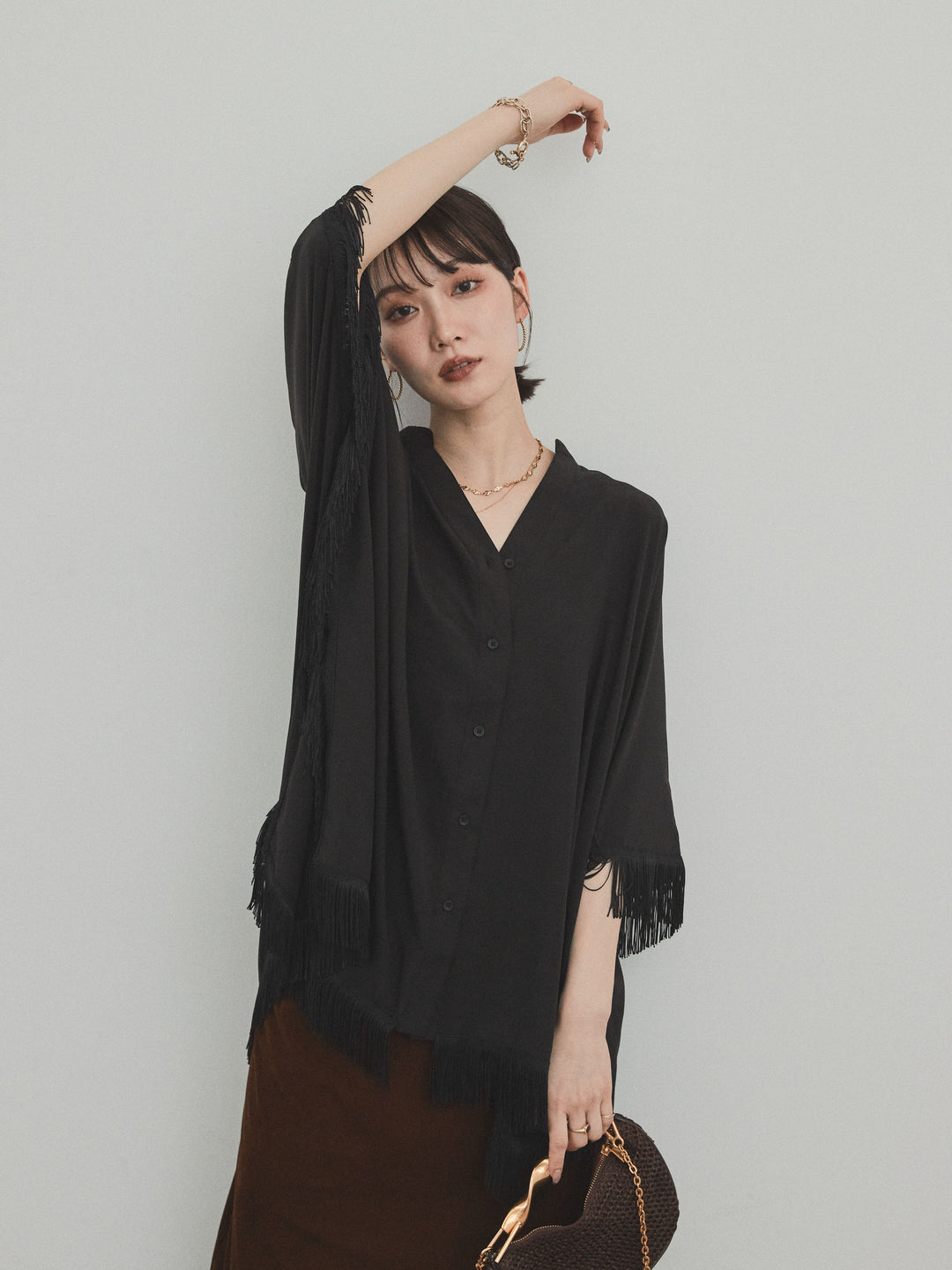 [SET] 方形流蘇斗篷襯衫 + 方形流蘇斗篷襯衫（2 件套）