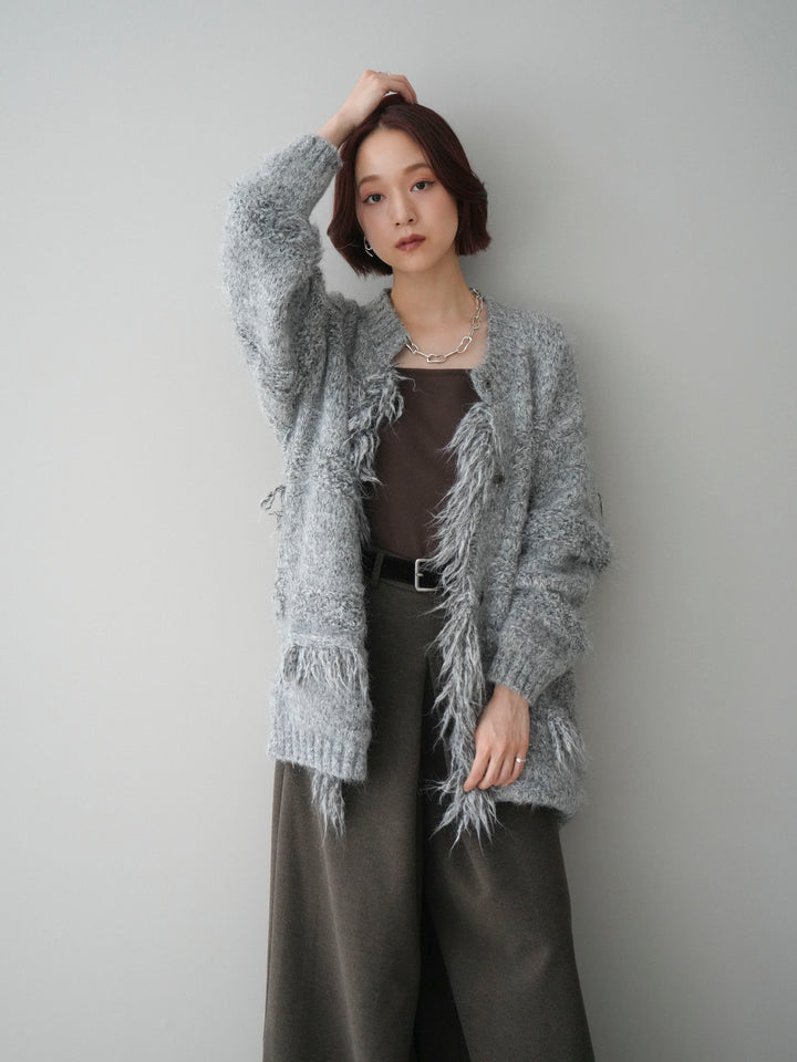 [SET]ミックスヤーンフリンジデザインニットジャケット+ベルト付きフロントタックワイドパンツ(2set)