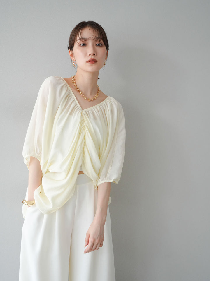 [SET]ボリュームスリーブシアータックブラウス+リネンライクイージーワイドパンツ(2set)