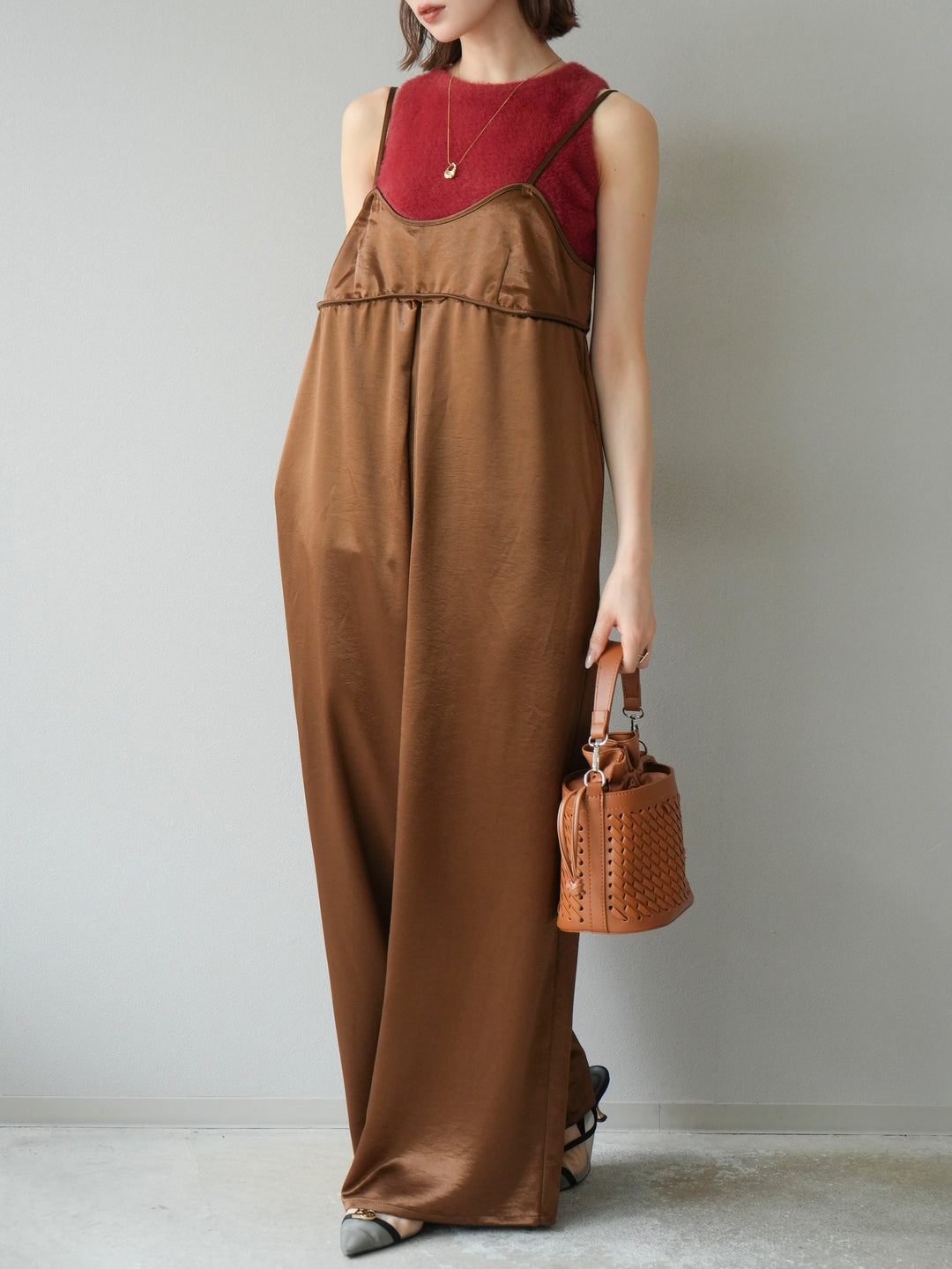 [予約]サテンビスチェオールインワン/ブラウン