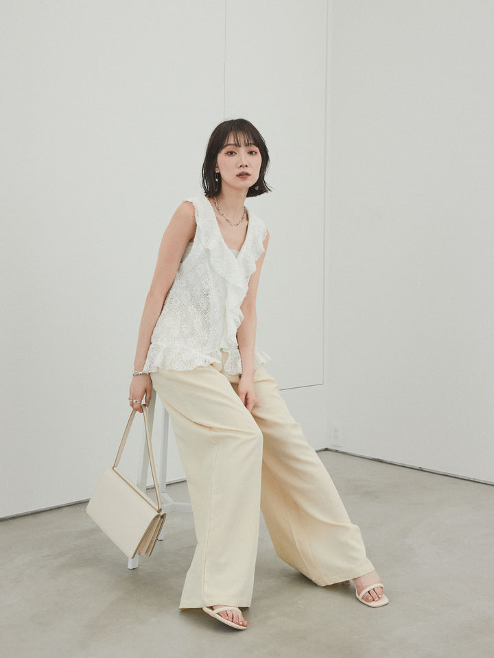 [預購] 紗帶荷葉邊無袖上衣/象牙白