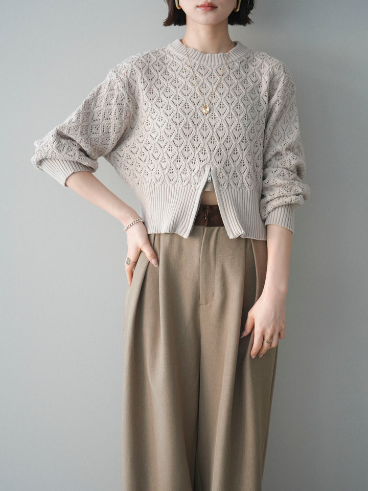 [予約]透かし編みフロントジップスリットニットプルオーバー/lightbeige