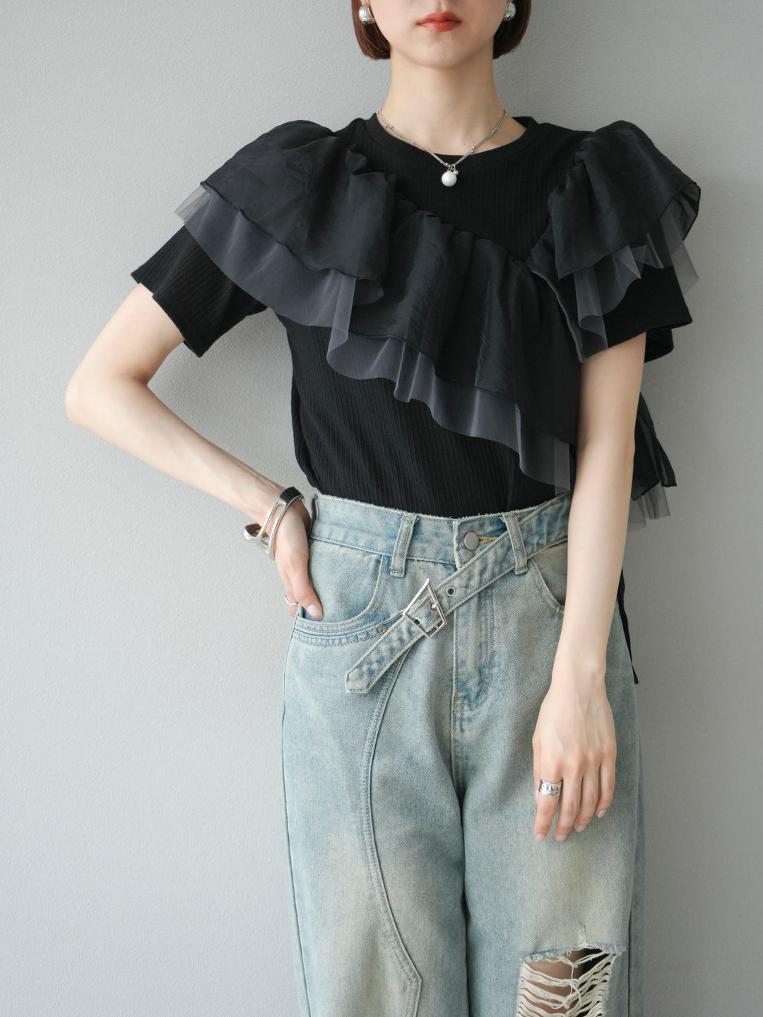 [予約]アシメフリルドッキングカットソー/ブラック