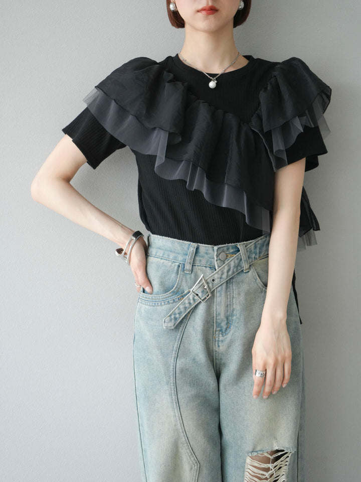 [予約]アシメフリルドッキングカットソー/ブラック