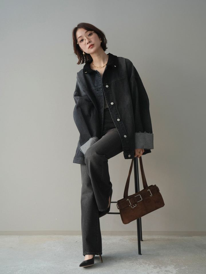 [SET]コーデュロイ×デニムミドルジャケット+フレアデニムパンツ(2set)