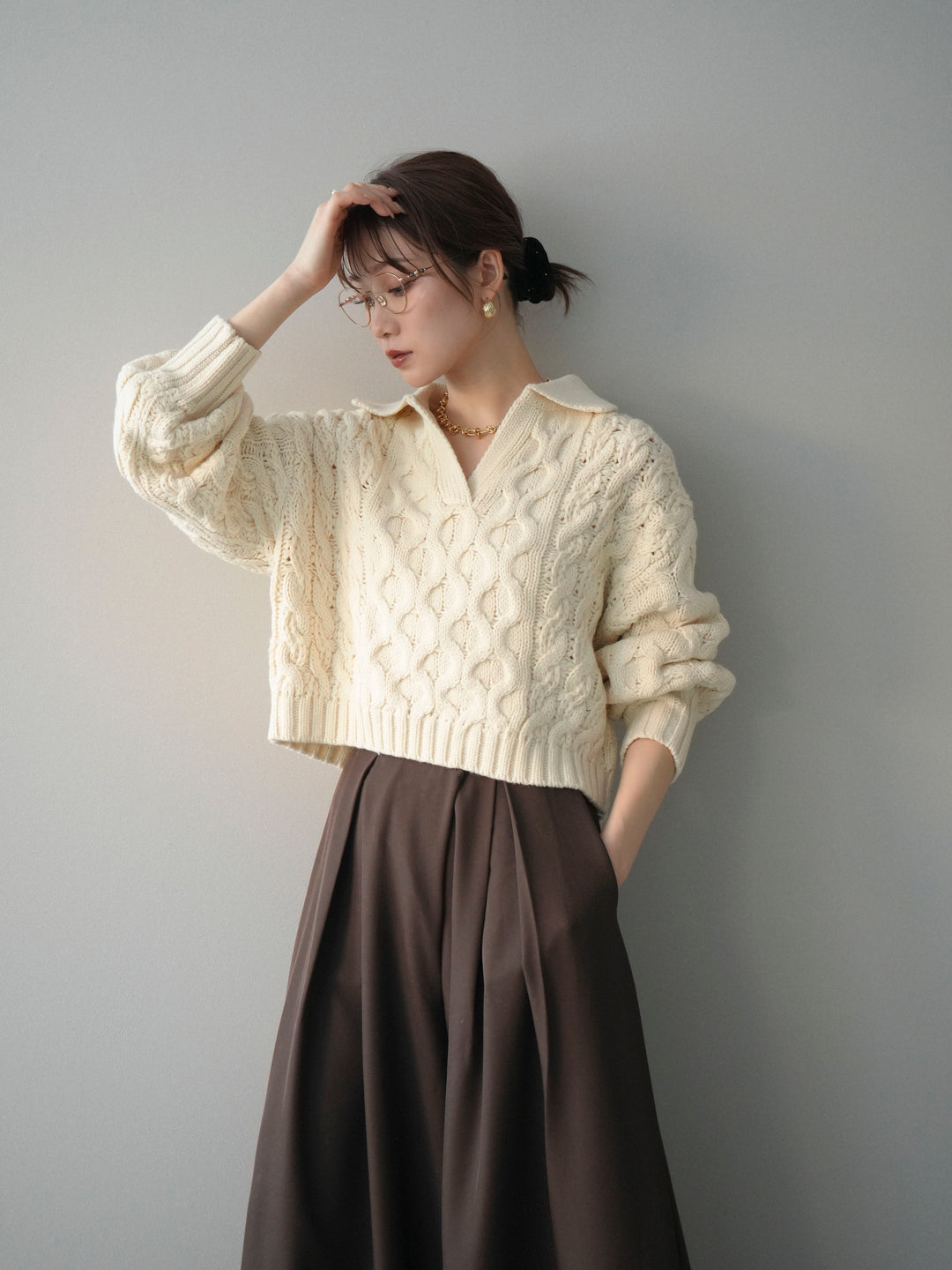 [SET]バルキーケーブルクロップド開襟プルオーバー+選べるアクセセット(2set)